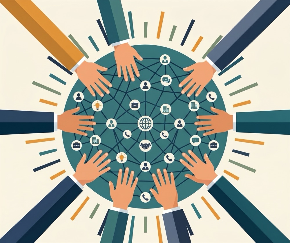 A network of hands connecting around a globe, representing Forward talent's wider partner network